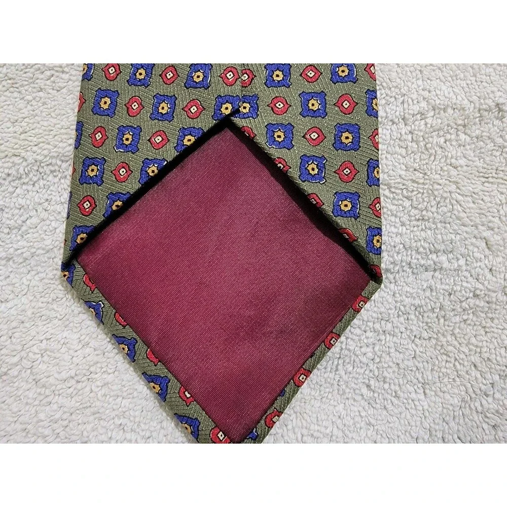 VTG 90s‎ Polo Ralph Lauren green foulard geometric 100% silk hand made tie USA